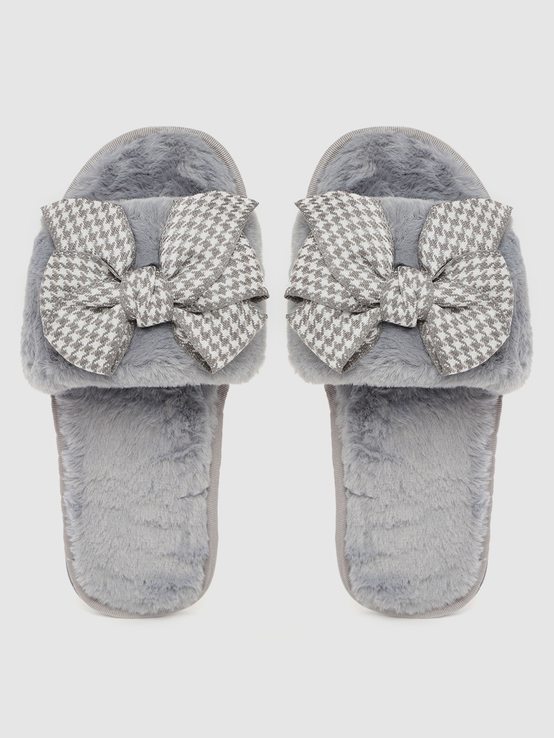 

DressBerry Women Grey & White Faux Fur Room Slippers with Bow Detail