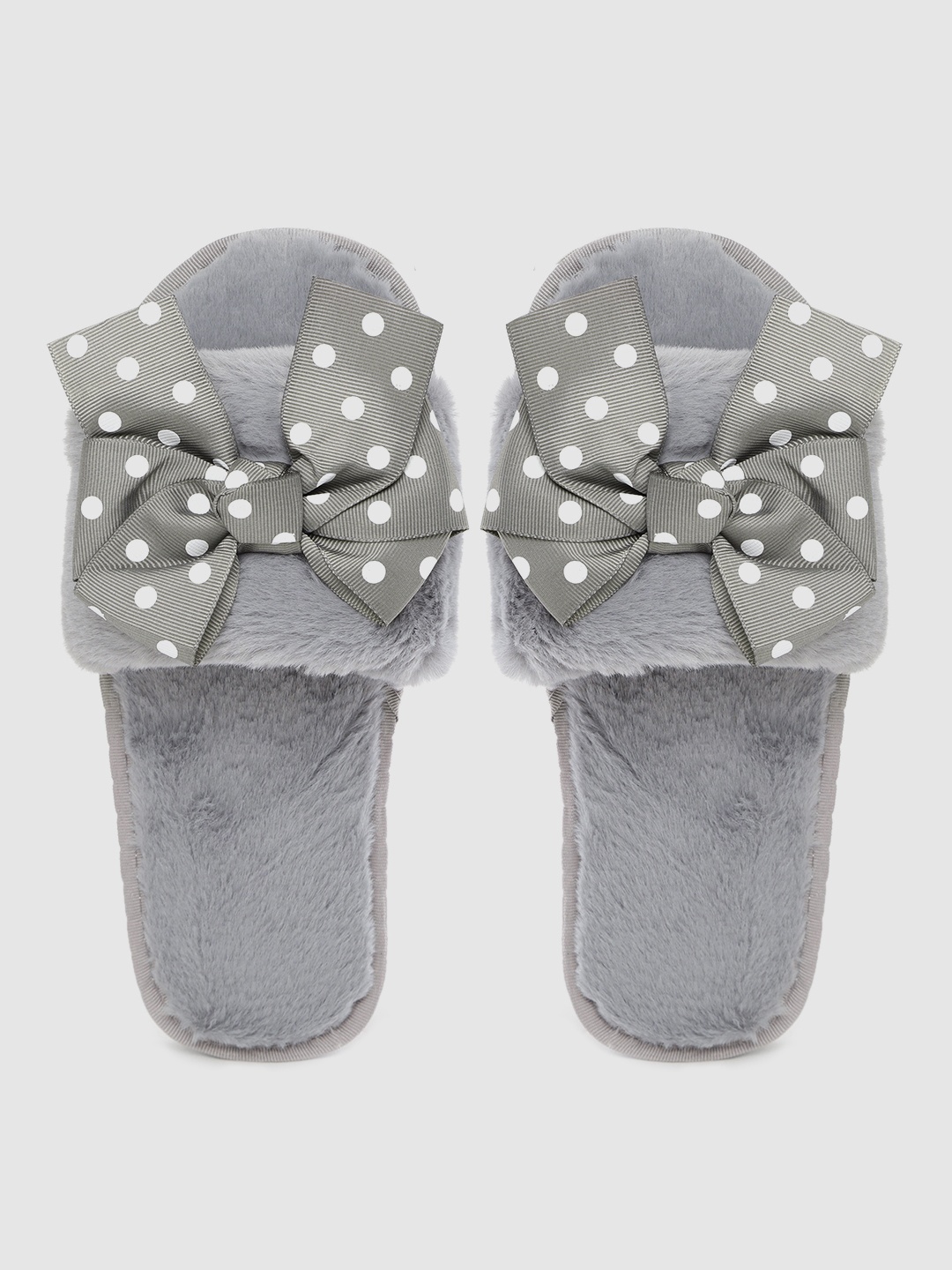 

DressBerry Women Grey & White Faux Fur Room Slippers with Polka-Dot Print Bow Detail