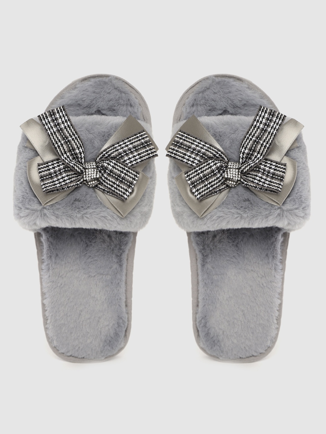 

DressBerry Women Grey & Black Faux Fur Room Slippers with Houndstooth Patterned Bow Detail