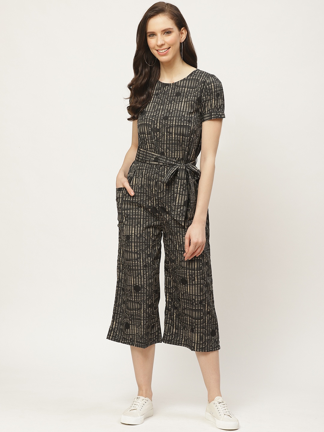 

Cottinfab Women Black Abstract Detail Striped Three-Quarter Basic Jumpsuit