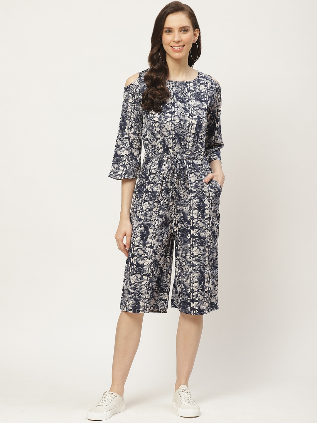 

Cottinfab Women Navy Blue & Off-White Printed Waist Tie-Up Cold-Shoulder Capri Jumpsuit