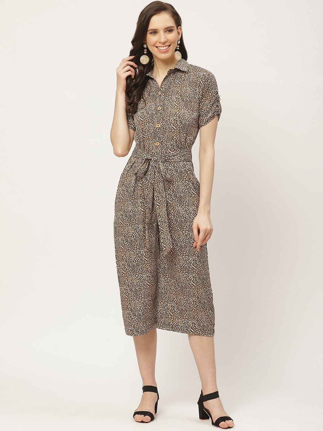 

Cottinfab Women Beige & Black Animal Print Culotte Jumpsuit with Waist Tie-up
