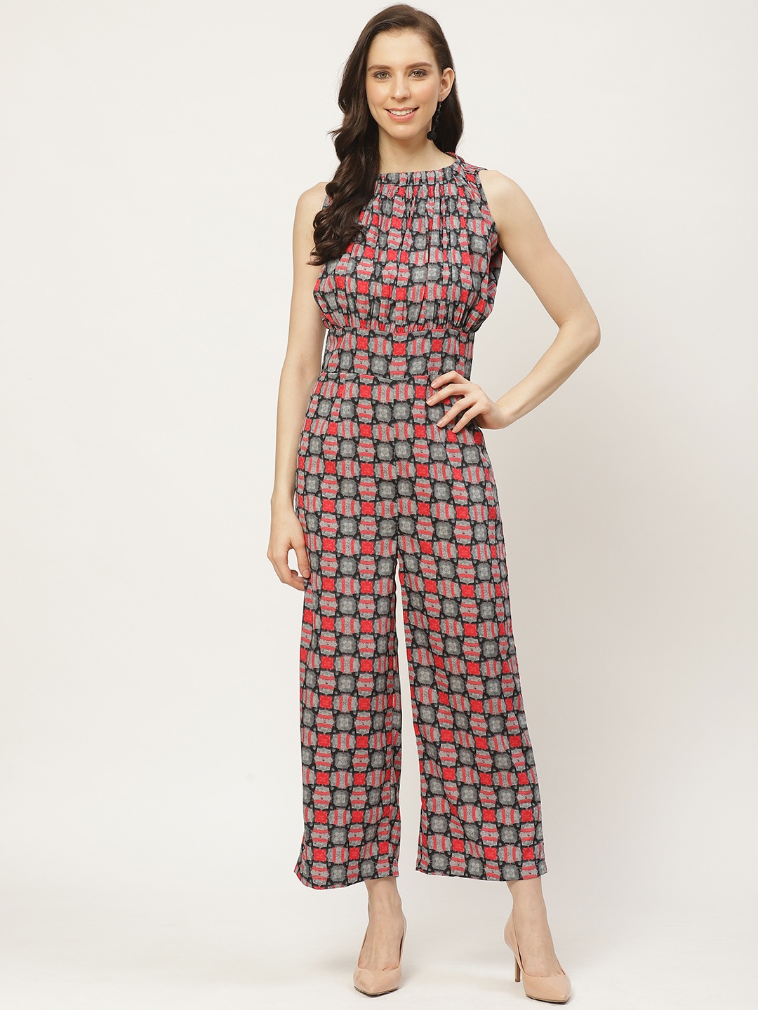 

Cottinfab Women Grey & Red Geometric Printed Basic Jumpsuit