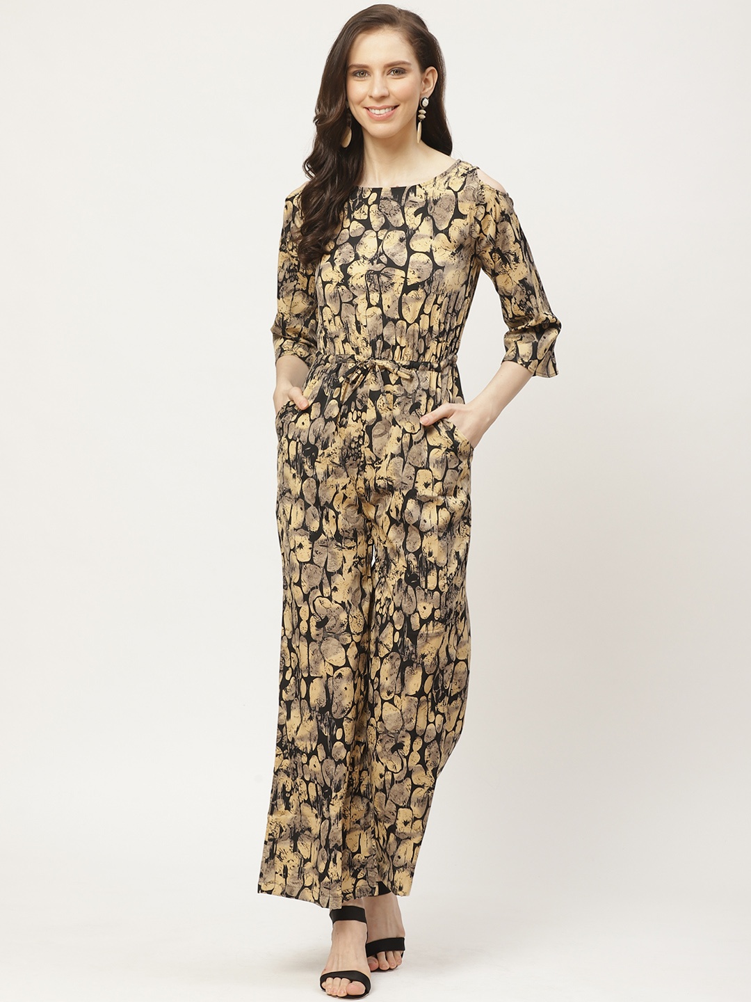 

Cottinfab Women Beige & Black Printed Waist Tie-Up Basic Jumpsuit