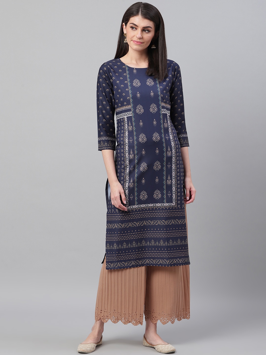 

AHIKA Women Navy Blue & Beige Screen Printed Straight Kurta