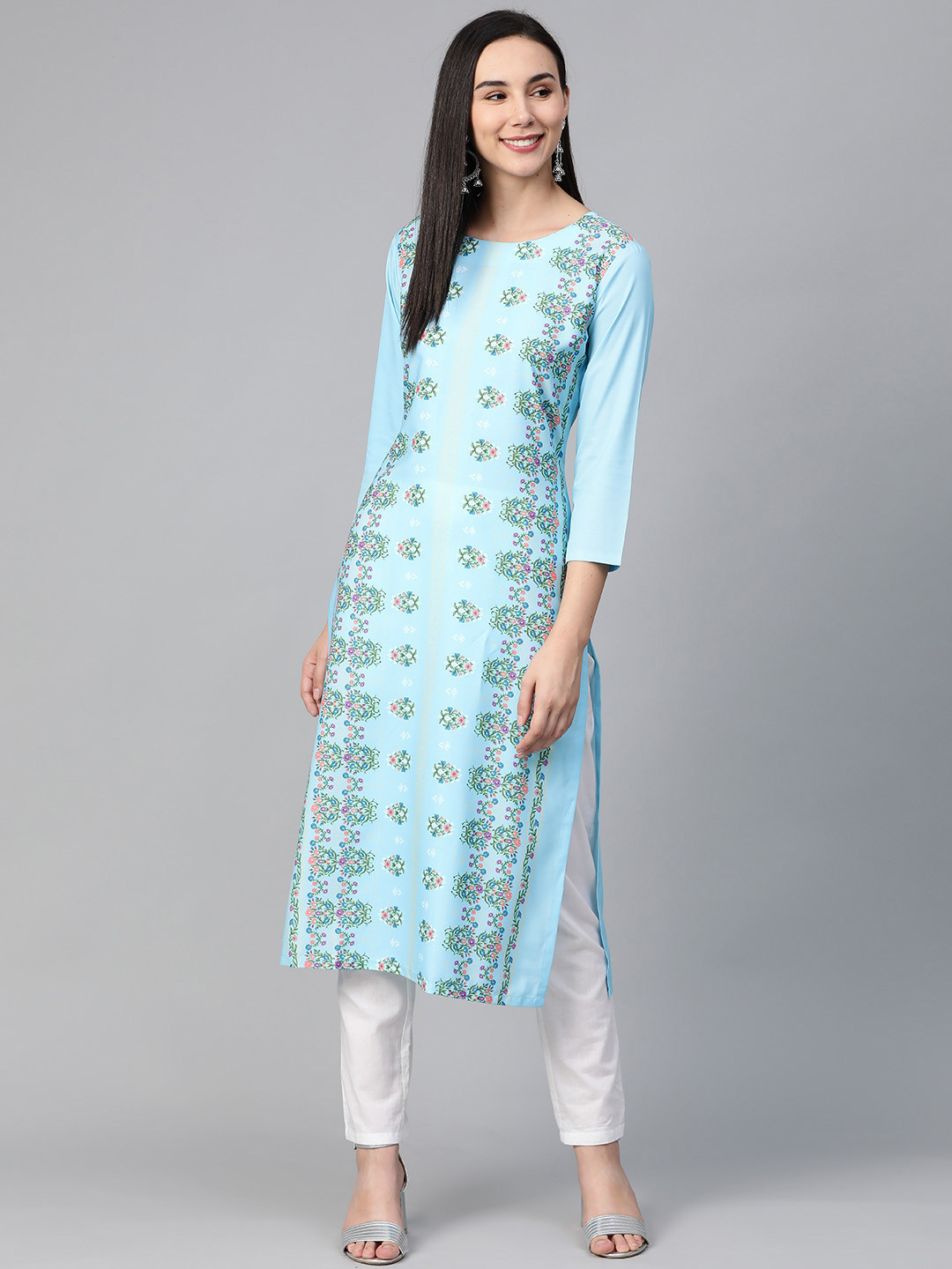 

AHIKA Women Blue & Green Screen Print Straight Kurta