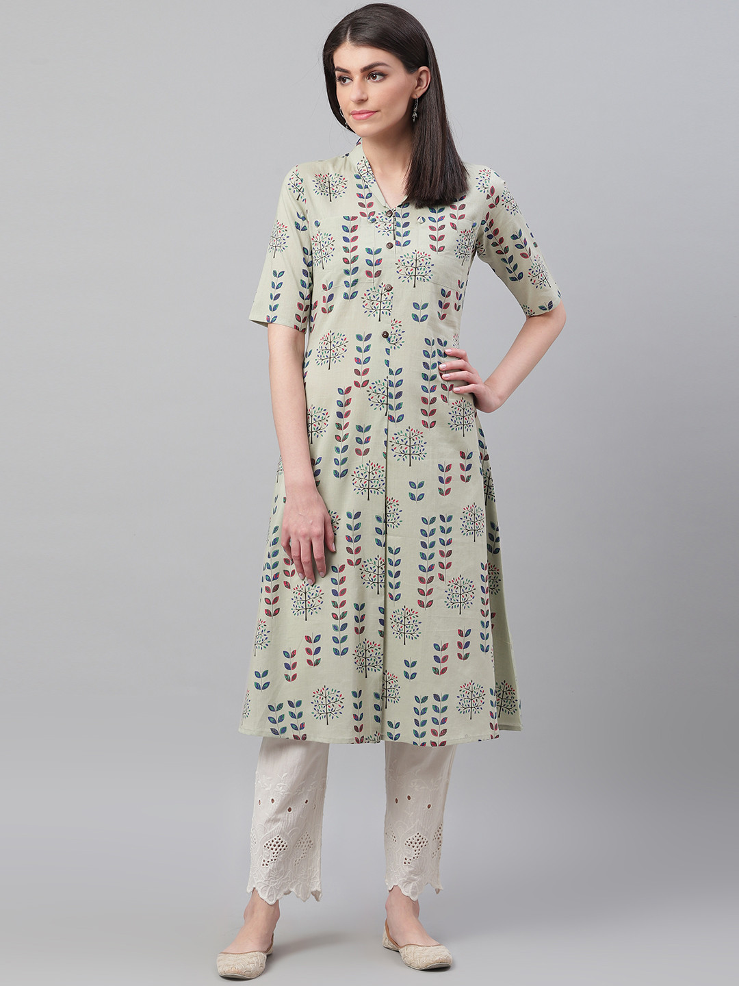 

AHIKA Women Green & Navy Blue Printed A-Line Kurta