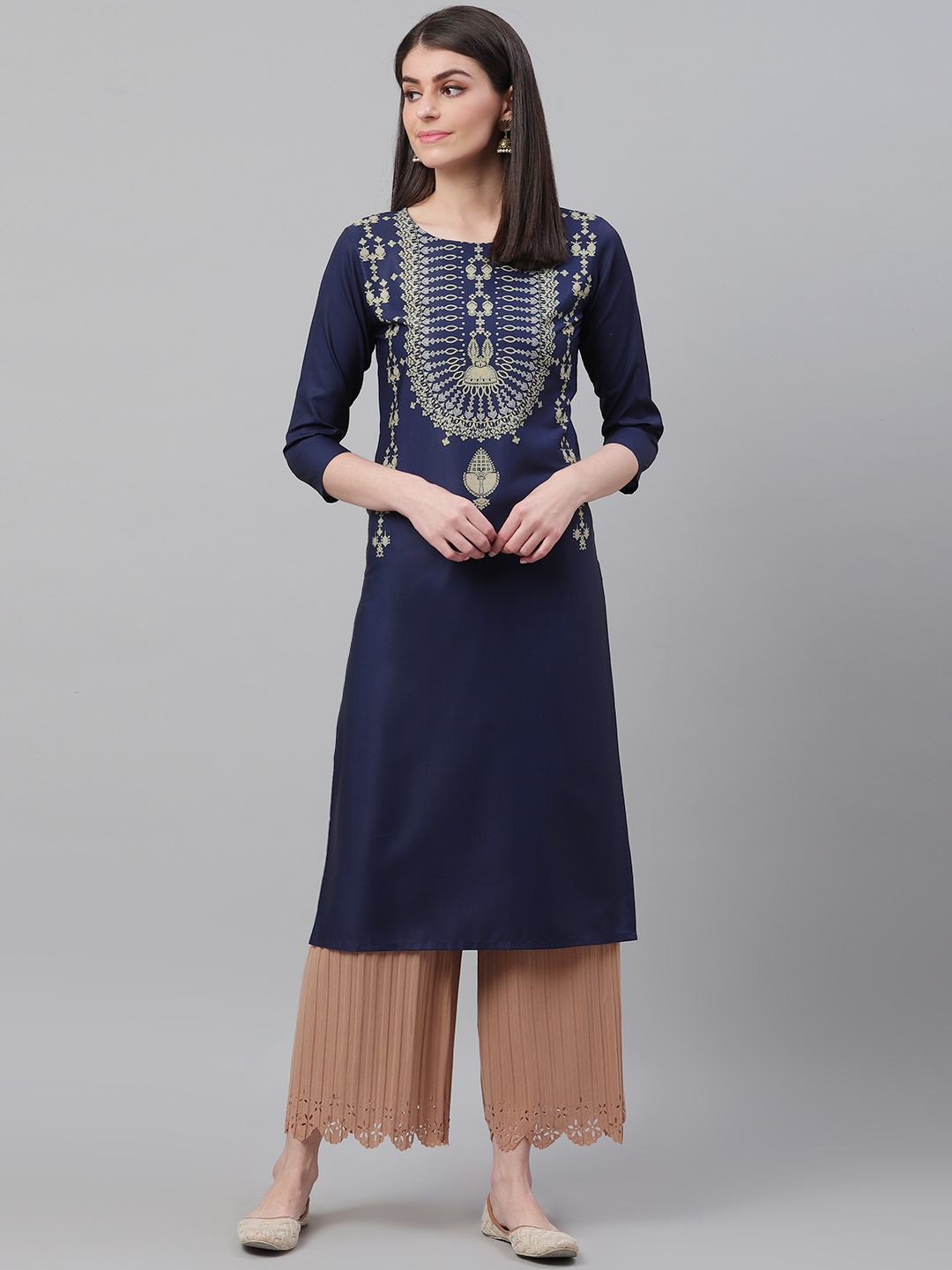 

AHIKA Women Navy Blue & Green Printed Straight Kurta
