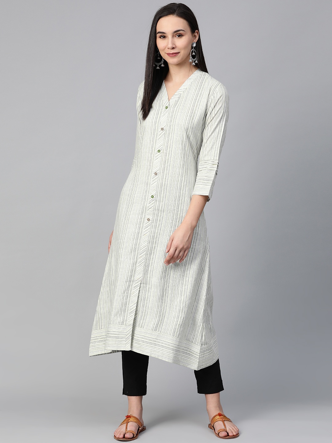 

AHIKA Women Off-White & Green Self-Striped A-Line Kurta