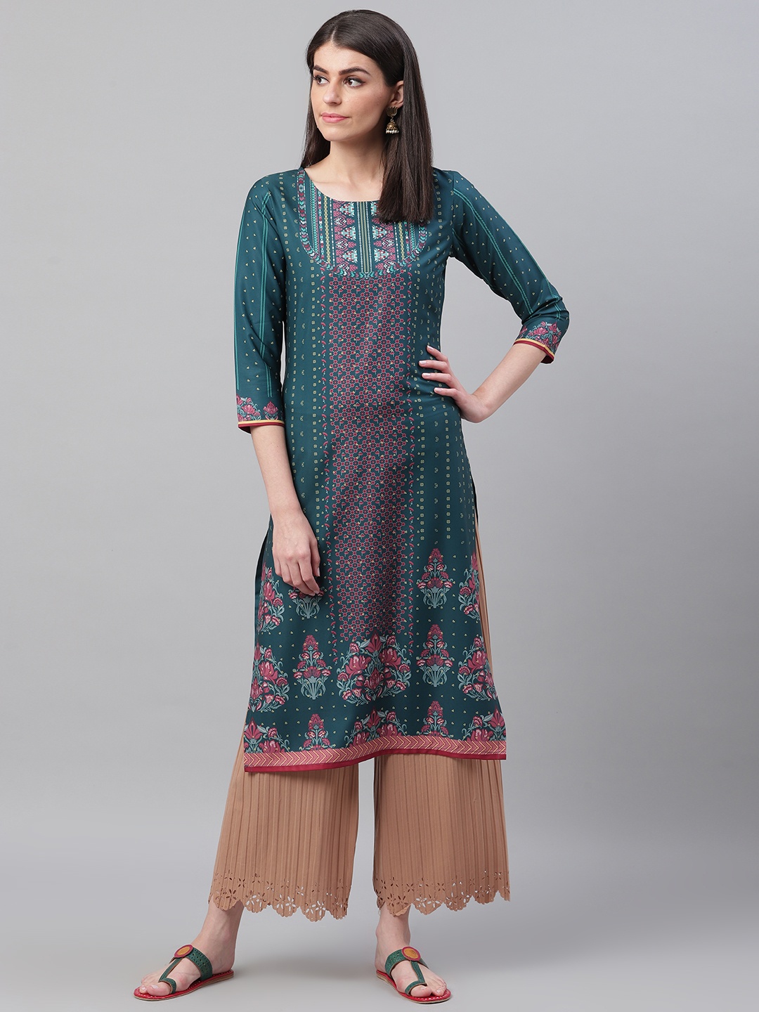 

AHIKA Women Teal Green & Pink Printed Straight Kurta