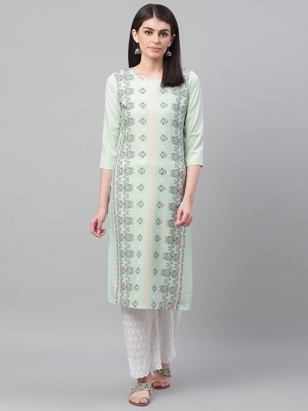 

AHIKA Women Green & Pink Printed Straight Kurta