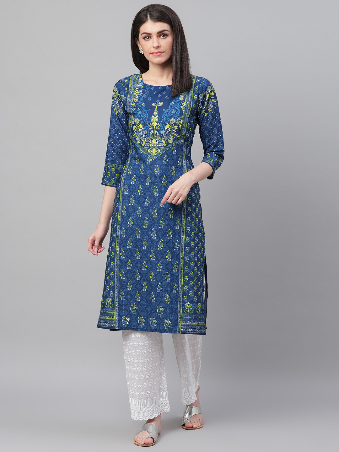 

AHIKA Women Blue & Green Printed Straight Kurta