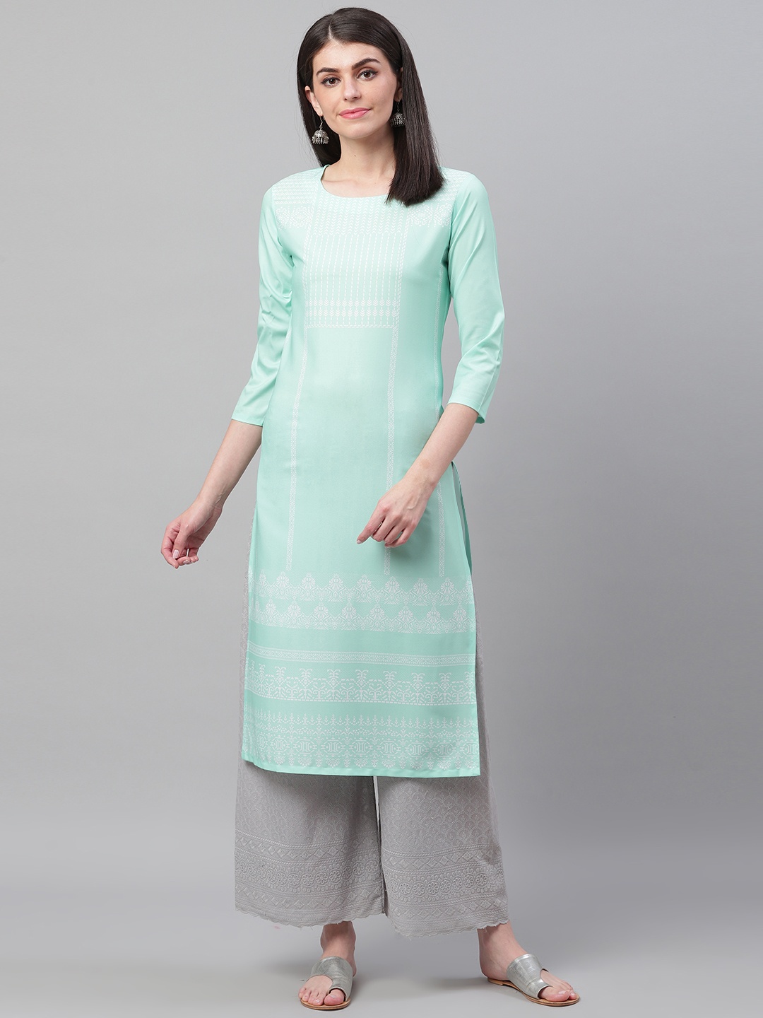 

AHIKA Women Sea Green & White Screen Printed Straight Kurta