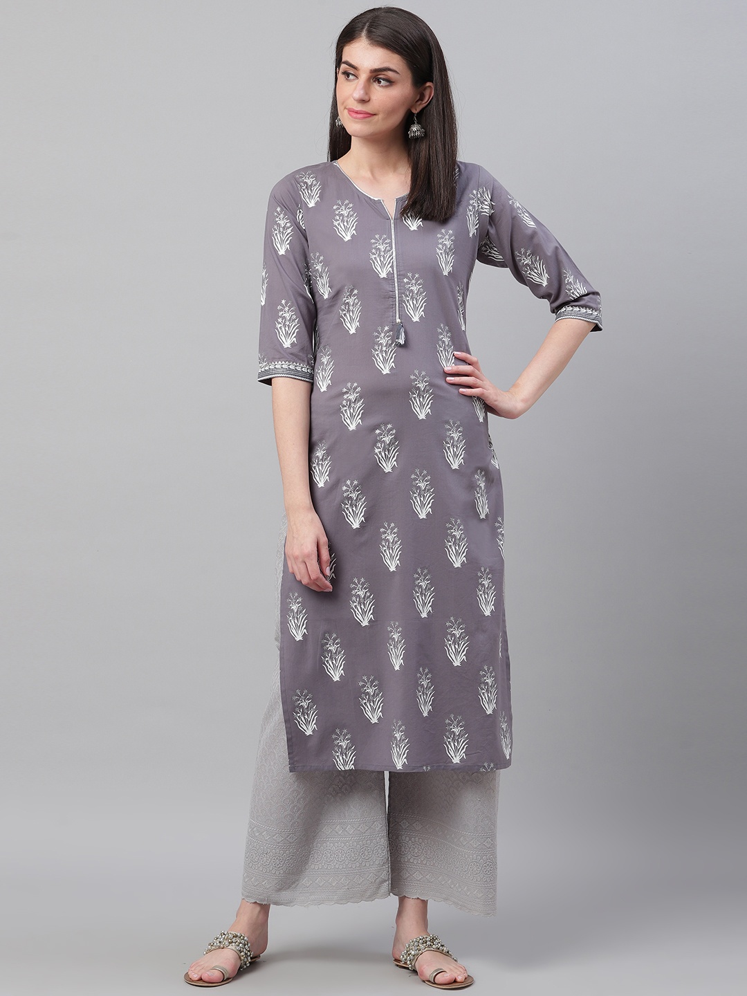 

AHIKA Women Grey & White Screen Printed Straight Kurta