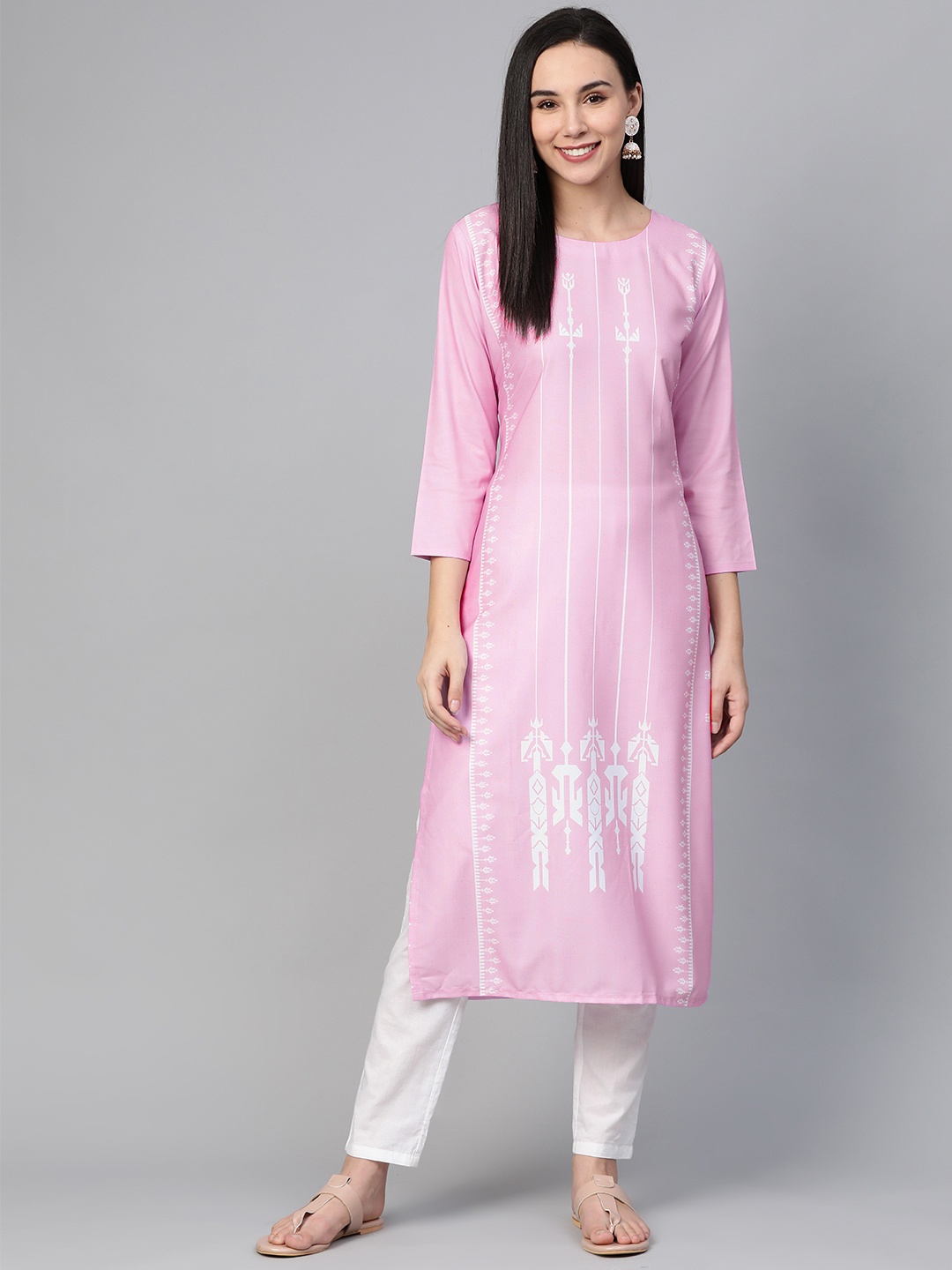 

AHIKA Women Lavender & White Screen Print Straight Kurta