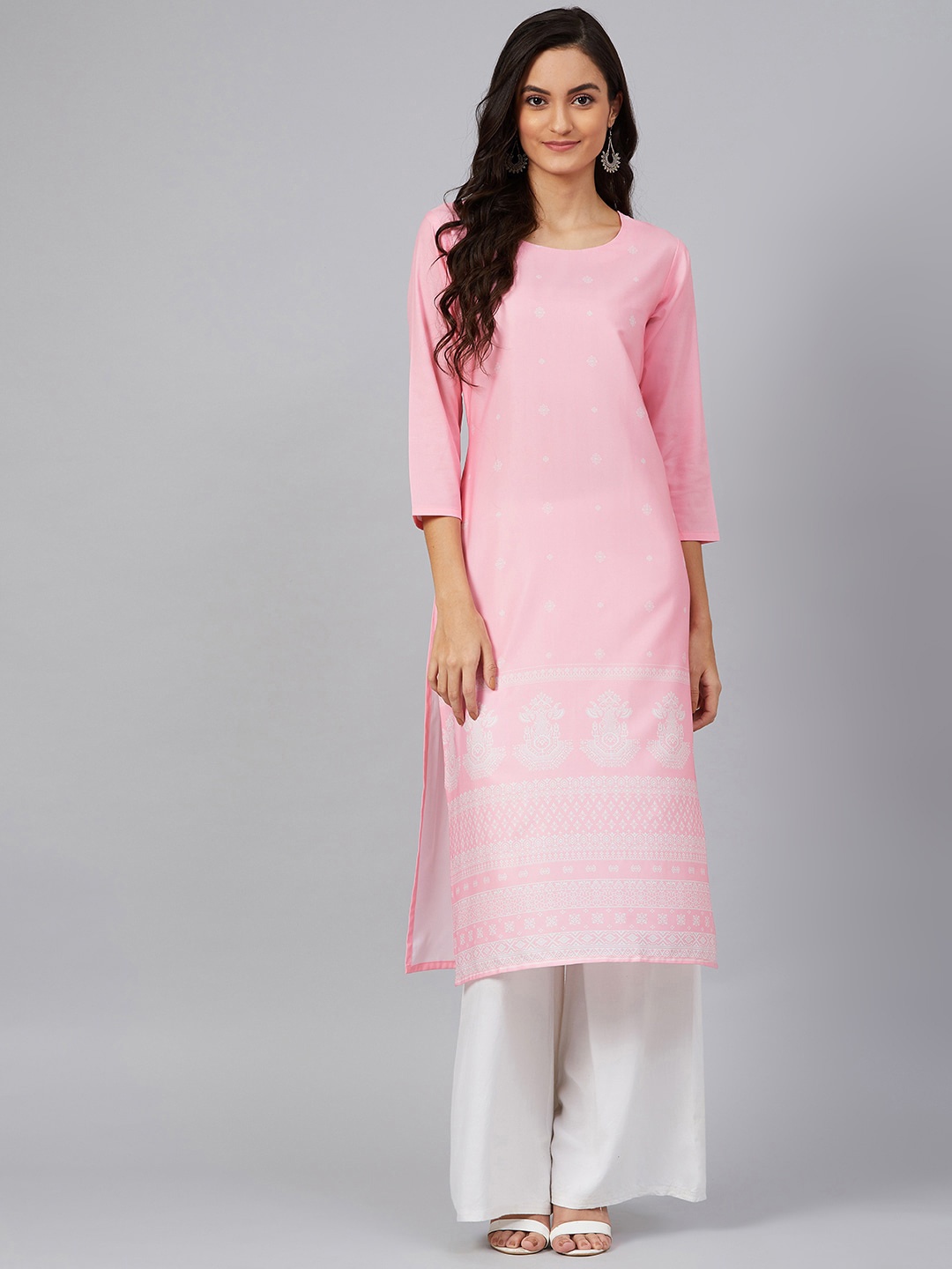 

AHIKA Women Pink & White Screen Printed Straight Kurta