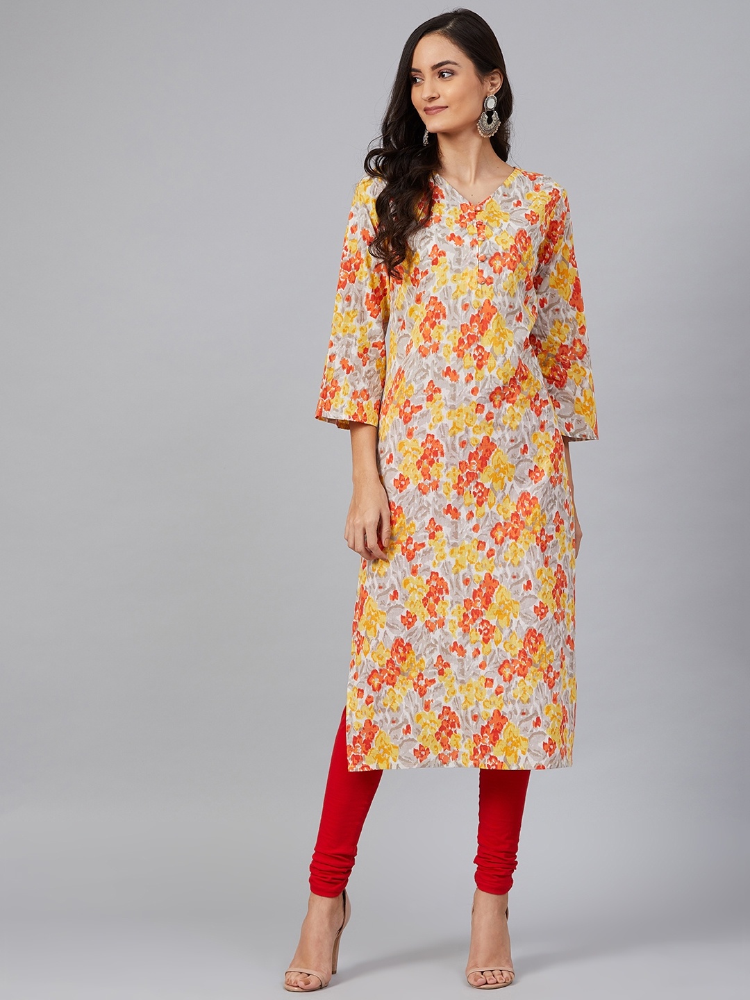

AHIKA Women Grey & Mustard Yellow Screen Floral Printed Straight Kurta