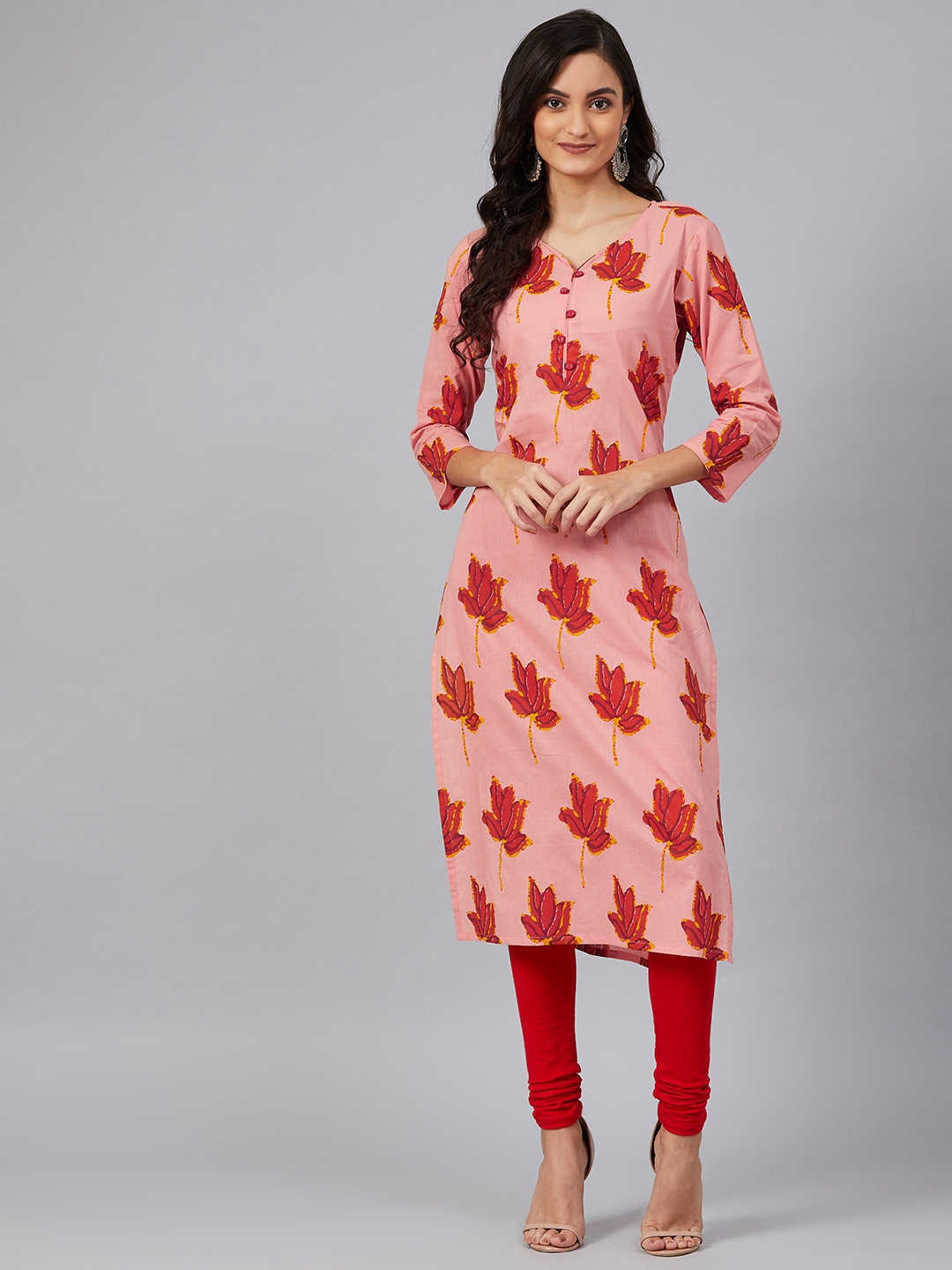 

AHIKA Women Pink & Red Screen Floral Printed Straight Kurta