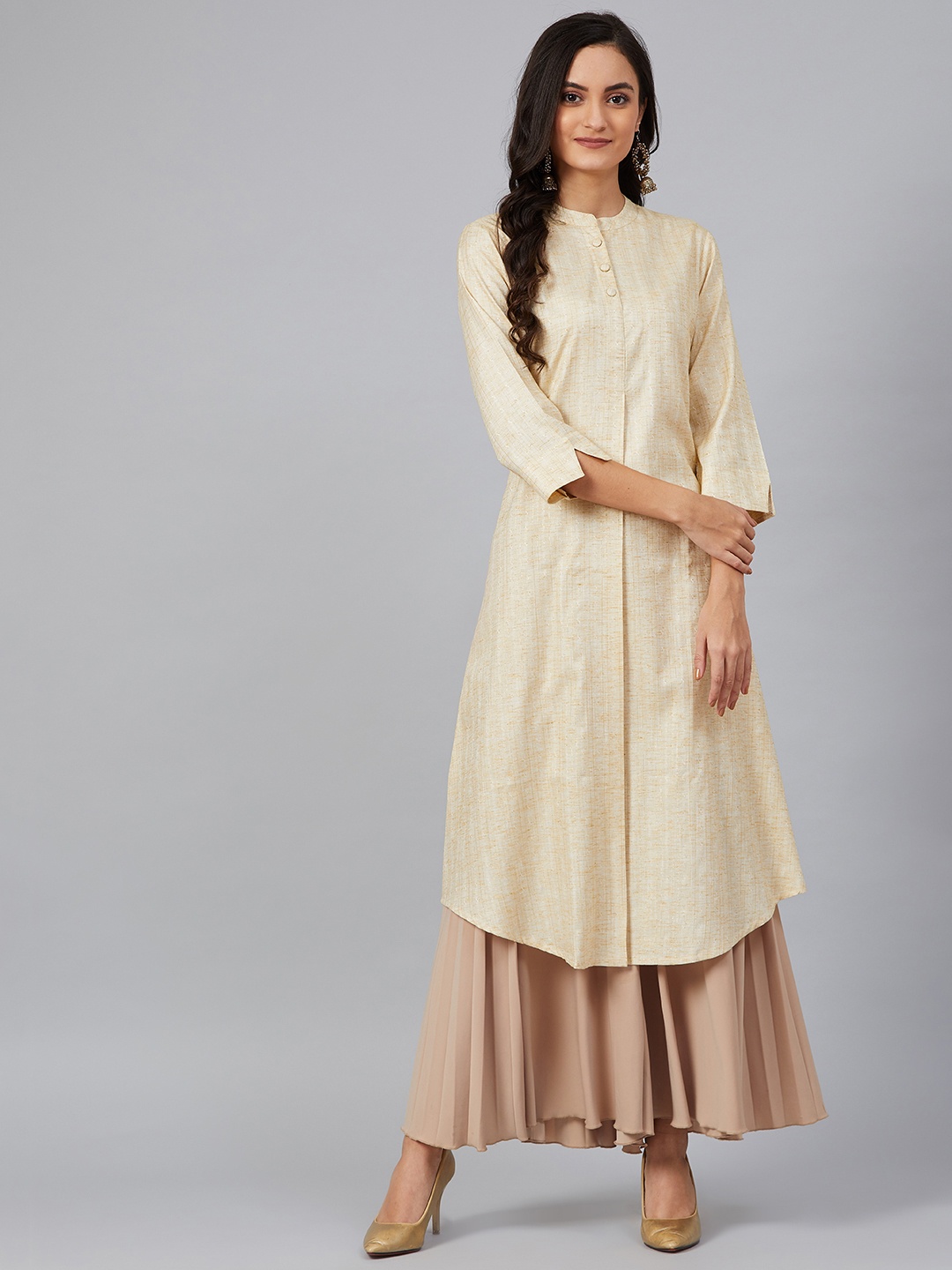 

AHIKA Women Cream-Coloured Screen Print Self-Striped Pleated A-Line Kurta