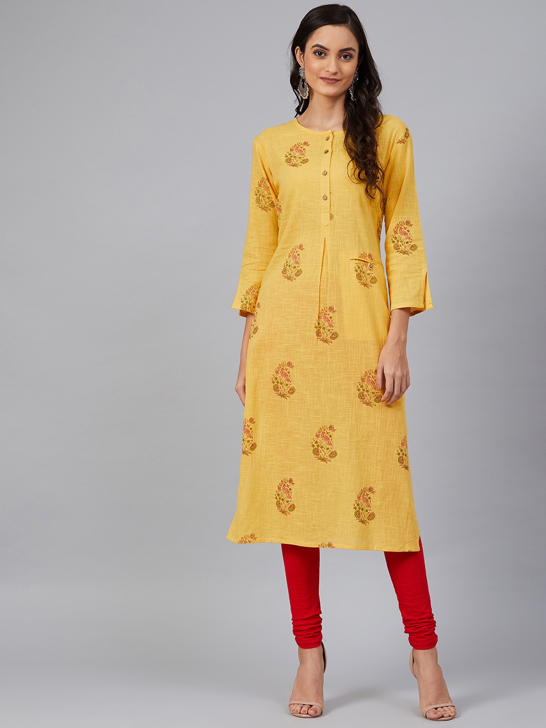 

AHIKA Women Mustard Yellow & Pink Paisley Screen Printed Pleated Straight Kurta