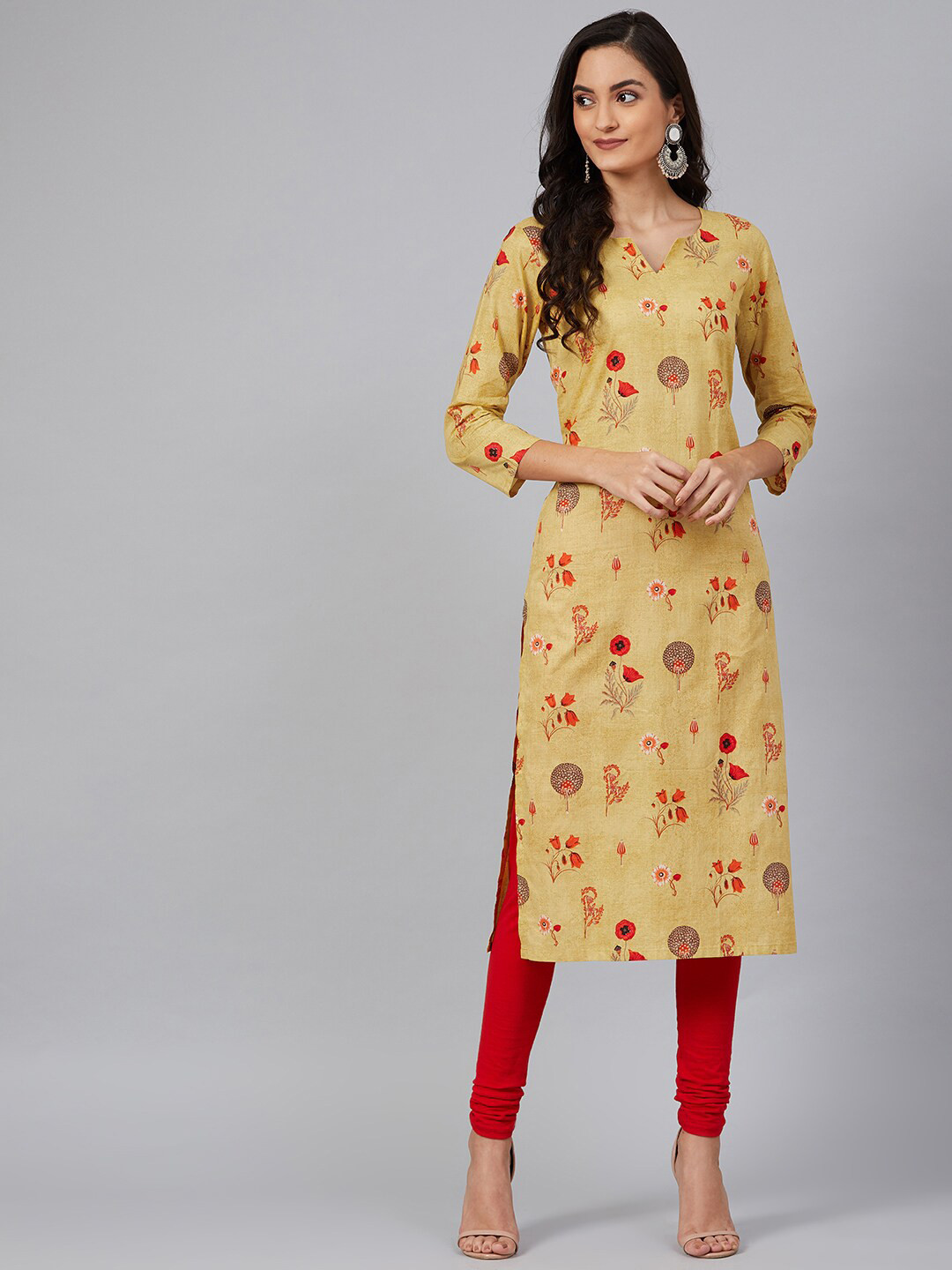 

AHIKA Women Mustard Yellow & Red Floral Print Straight Kurta