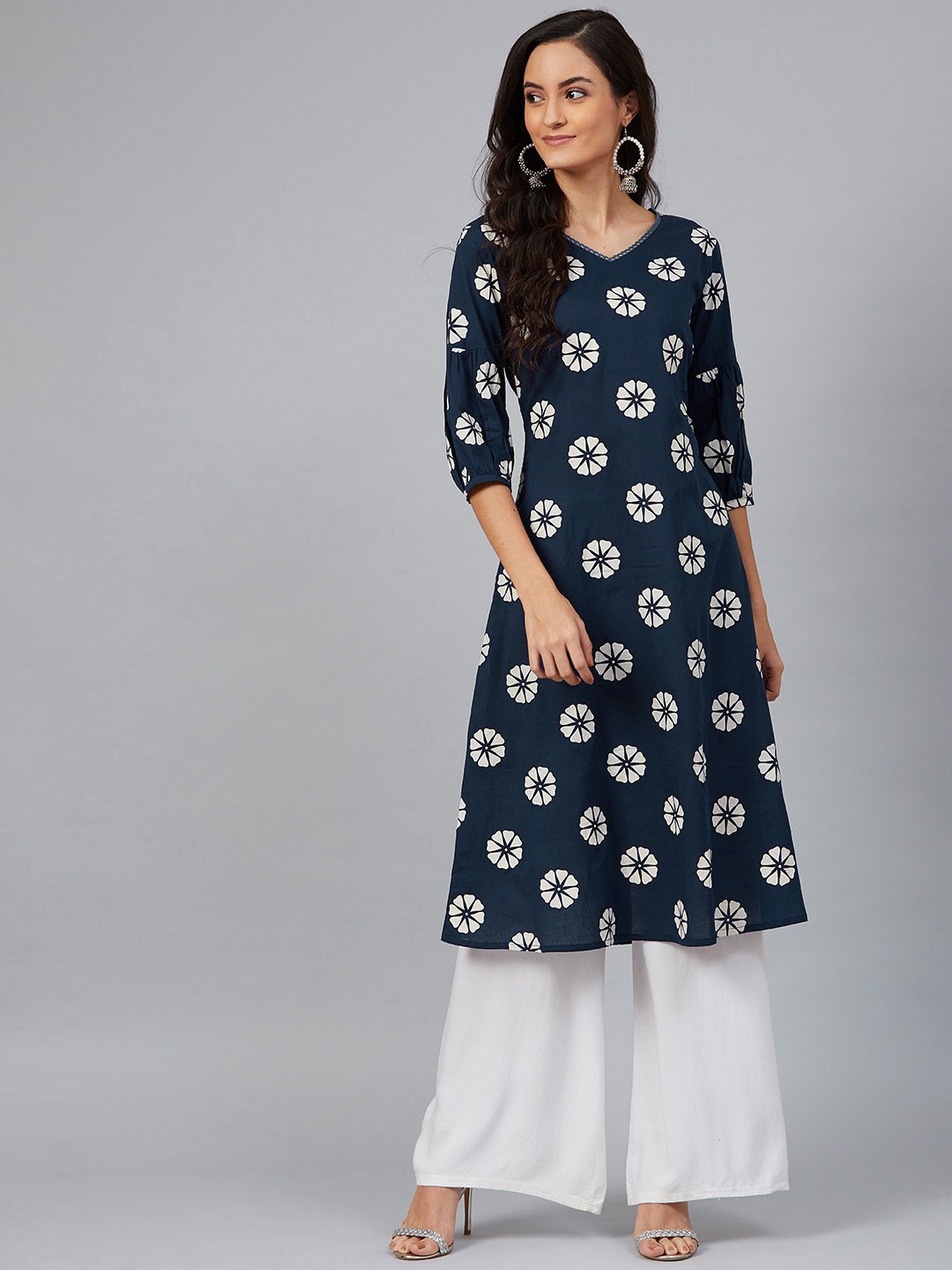 

AHIKA Women Navy Blue & White Printed A-Line Kurta