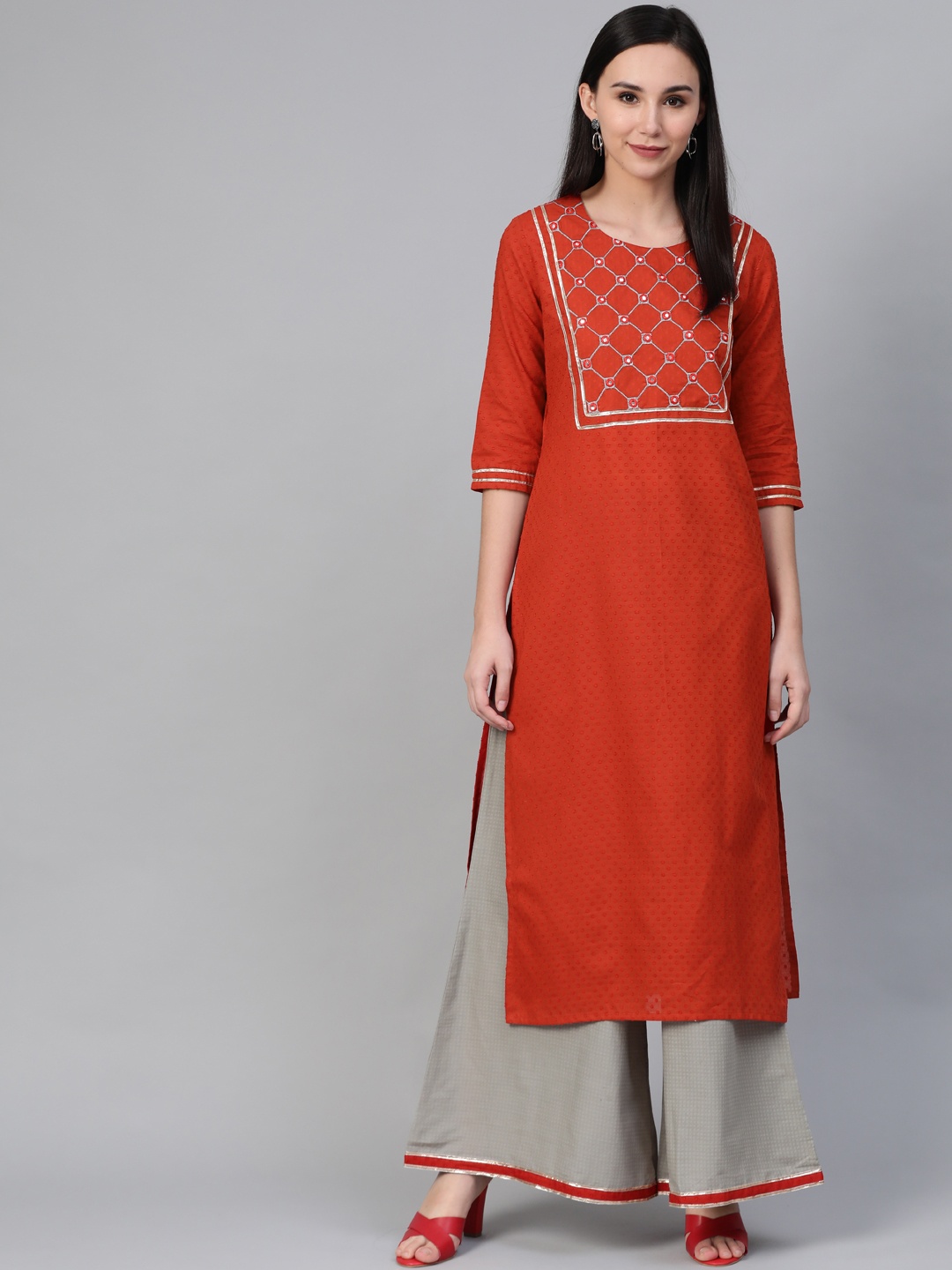 

Sringam Women Red & Grey Yoke Design Kurta with Palazzos