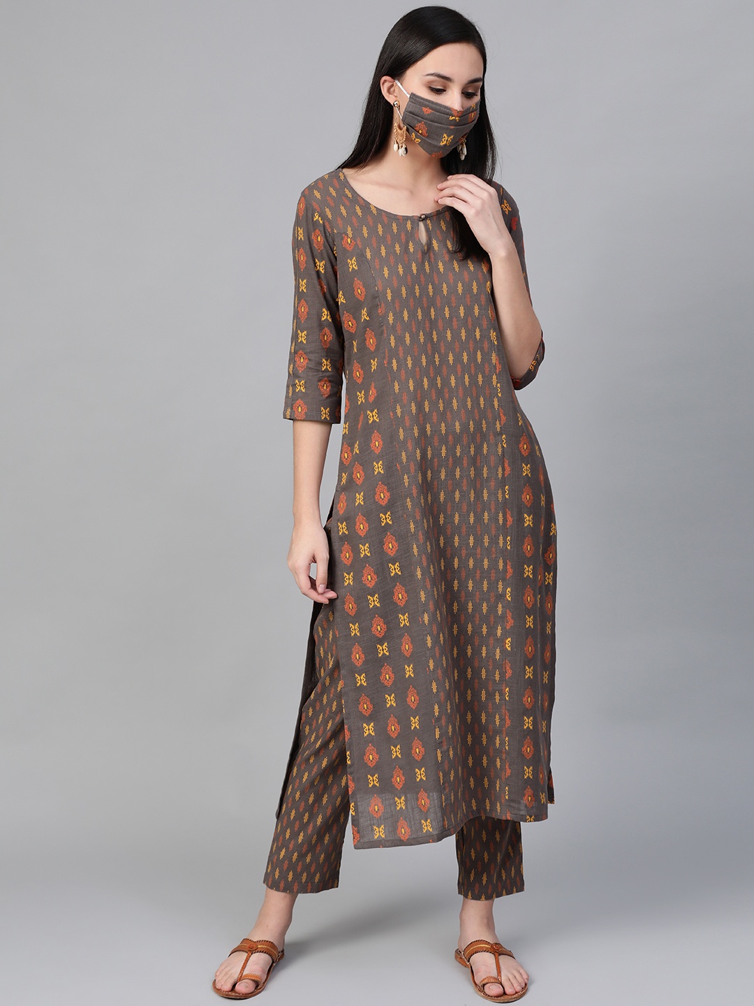 

Sringam Women Charcoal Grey Mustard Yellow Printed Kurta with Trousers