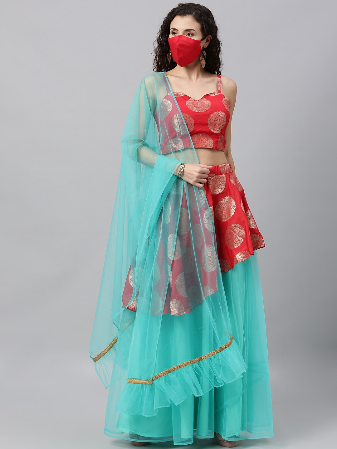 

Ethnovog Red Blue Woven Design Made to Measure Lehenga Blouse with Dupatta