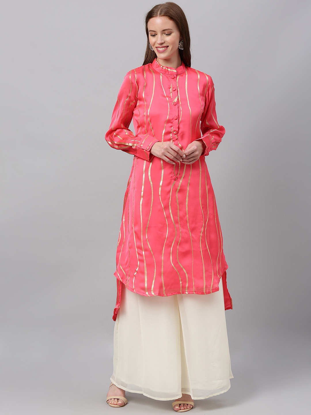 

Ethnovog Women Pink Off-White Striped Made To Measure Kurta with Palazzos