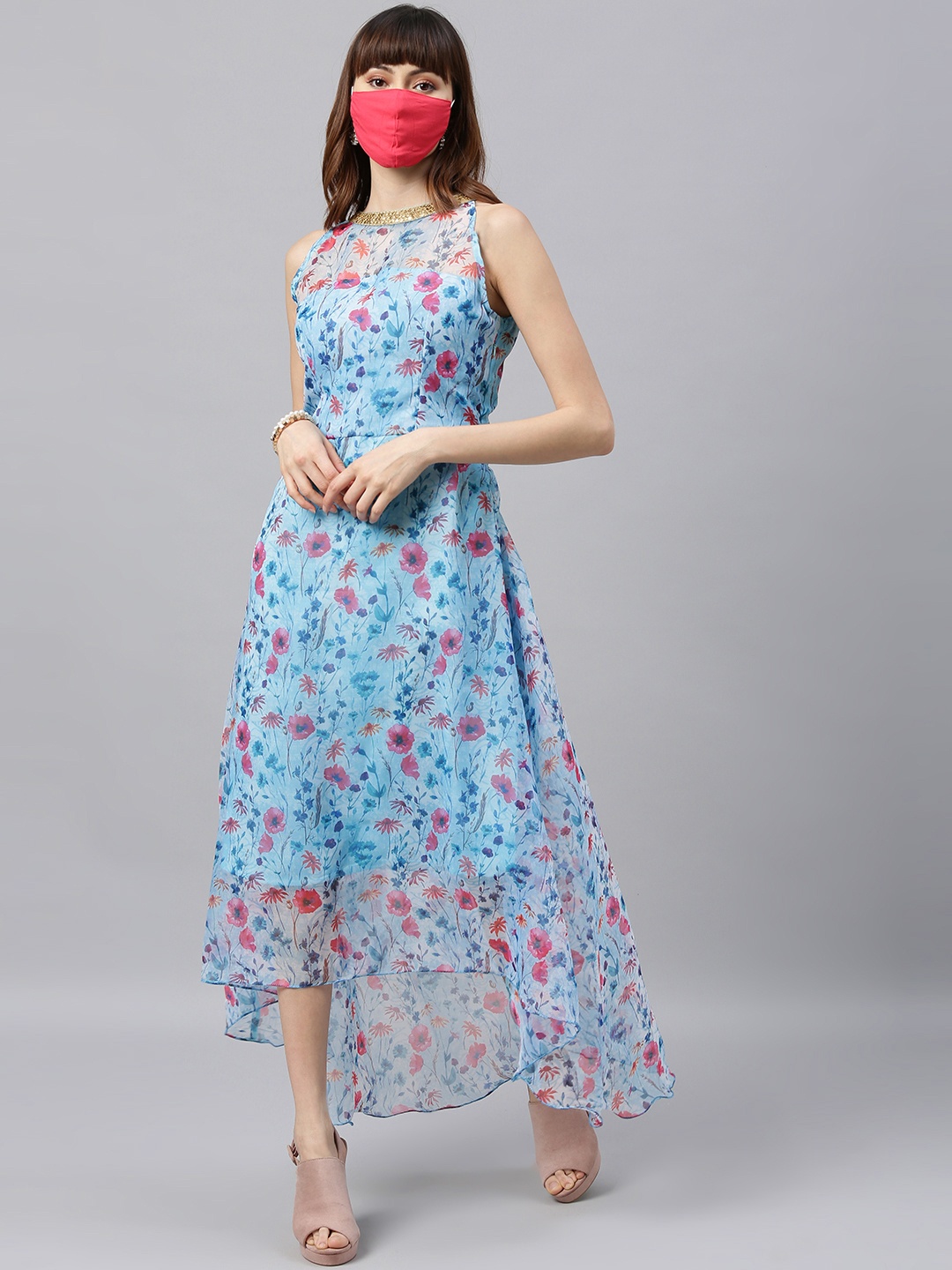 

Ethnovog Women Blue Printed Fit and Flare Dress