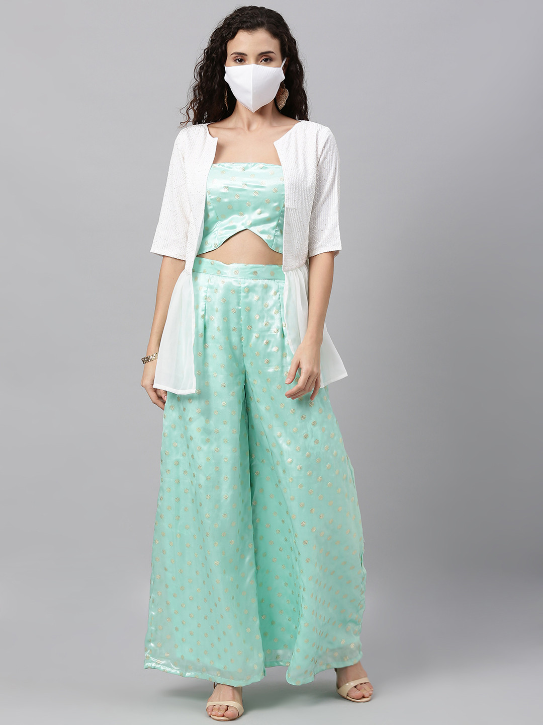 

Ethnovog Women Green White Self Design Made To Measure Top with Palazzos Mask