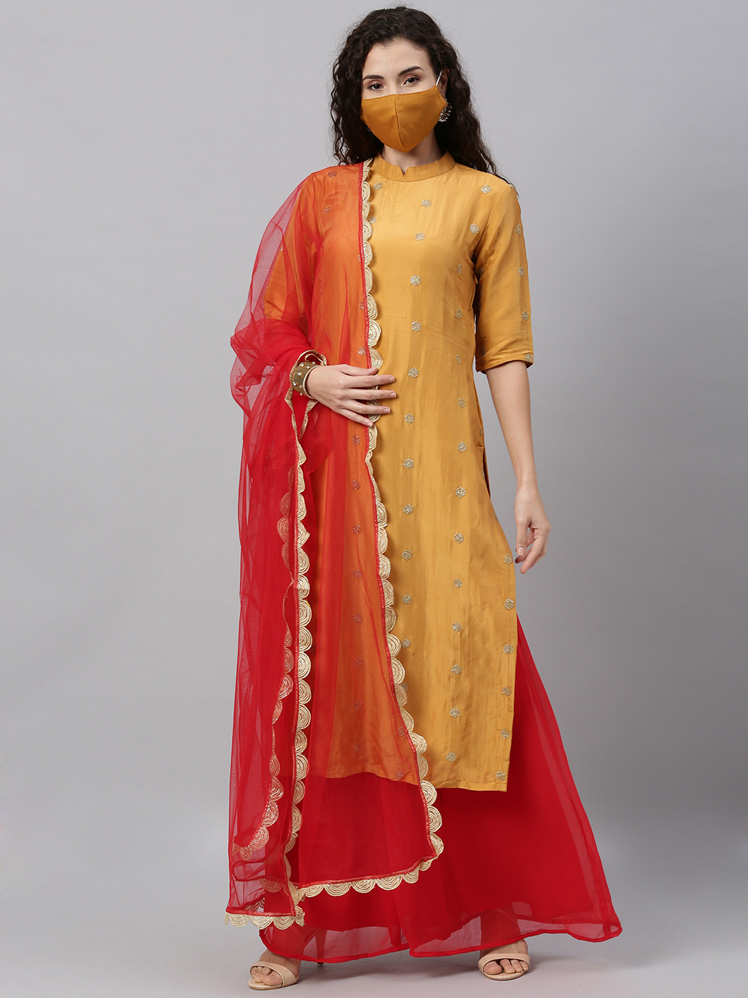 

Ethnovog Women Mustard Yellow Red Embroidered Made To Measure Kurta Set