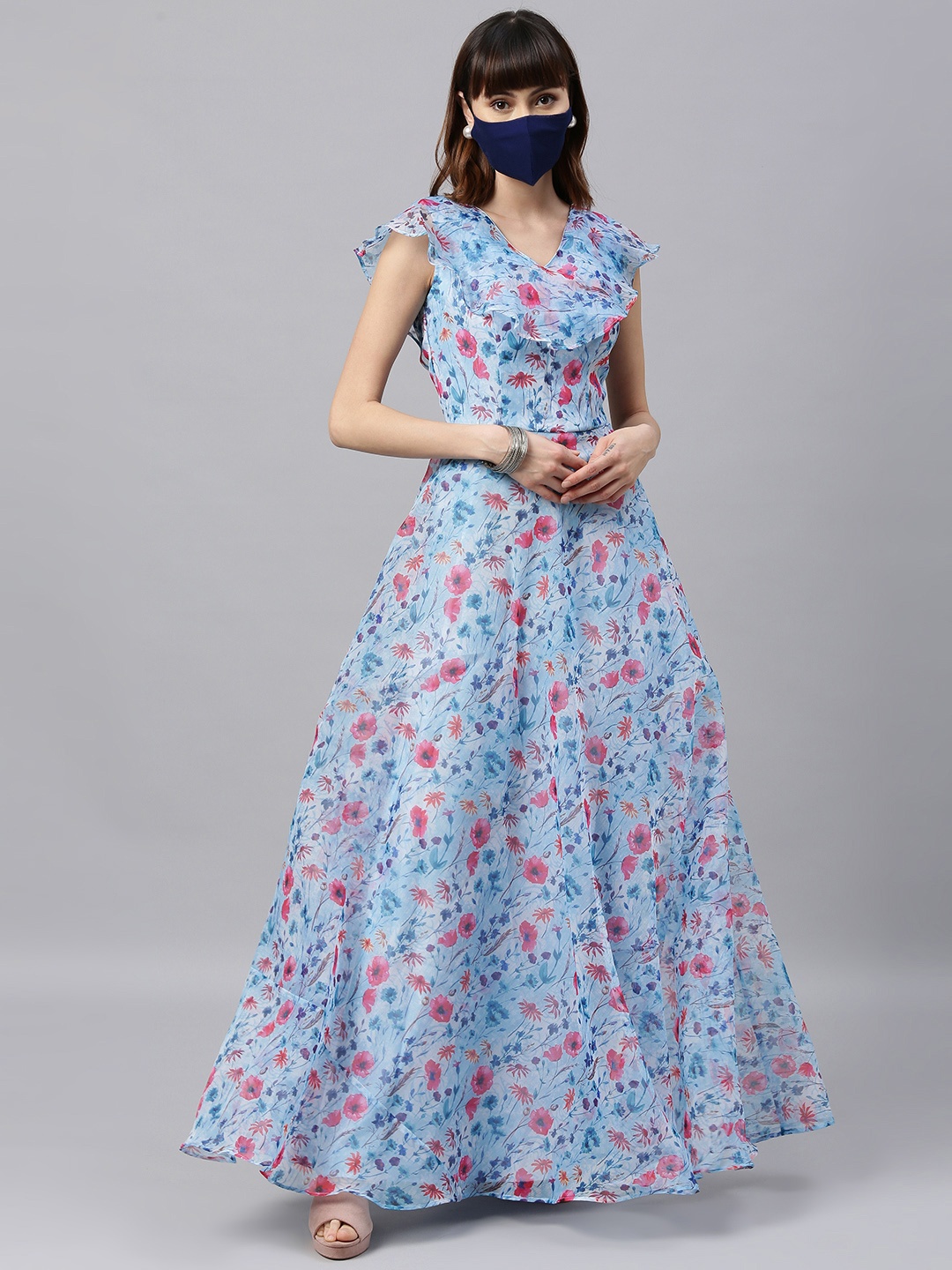 

Ethnovog Women Blue Printed Made to Measure Flared Maxi Dress