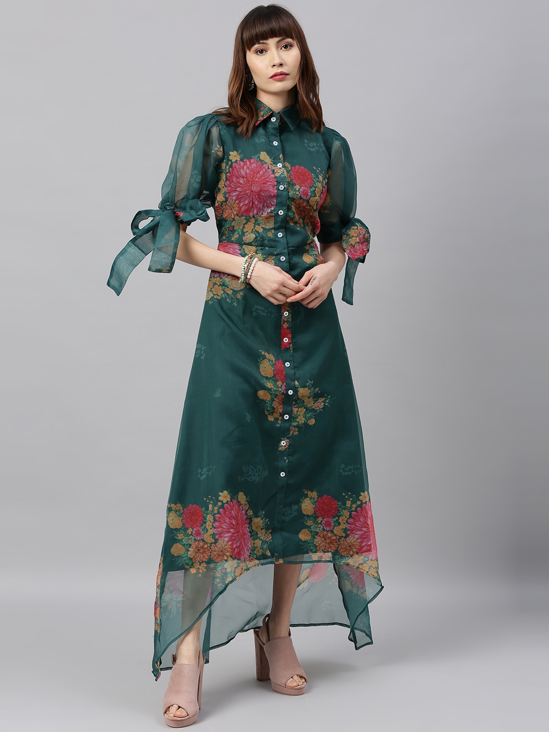 

Ethnovog Green Floral Printed Fit and Flare Dress