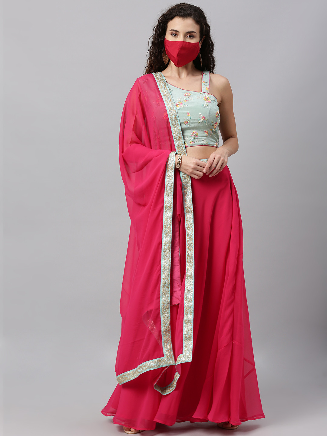

Ethnovog Pink Turquoise Blue Embroidered Made to Measure Lehenga Set