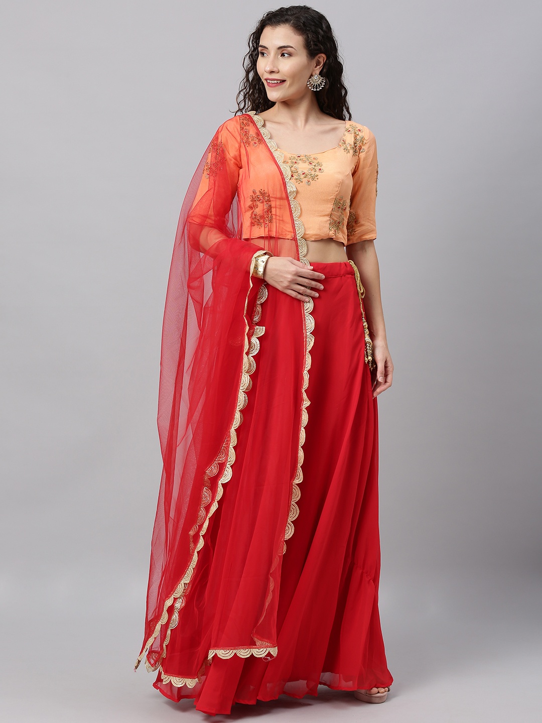 

Ethnovog Red Peach-Coloured Embroidered Made to Measure Lehenga Blouse with Dupatta