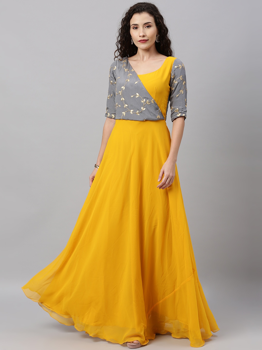 

Ethnovog Women Mustard Yellow Embroidered Made To Measure Maxi Dress