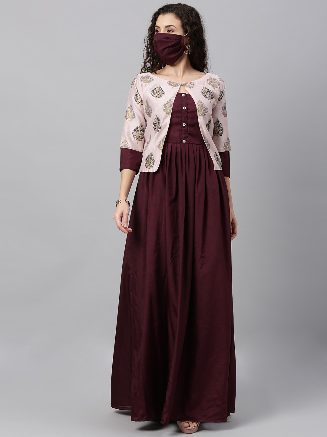 

Ethnovog Women Burgundy Solid Made to Measure Flared Maxi Dress With Jacket Mask
