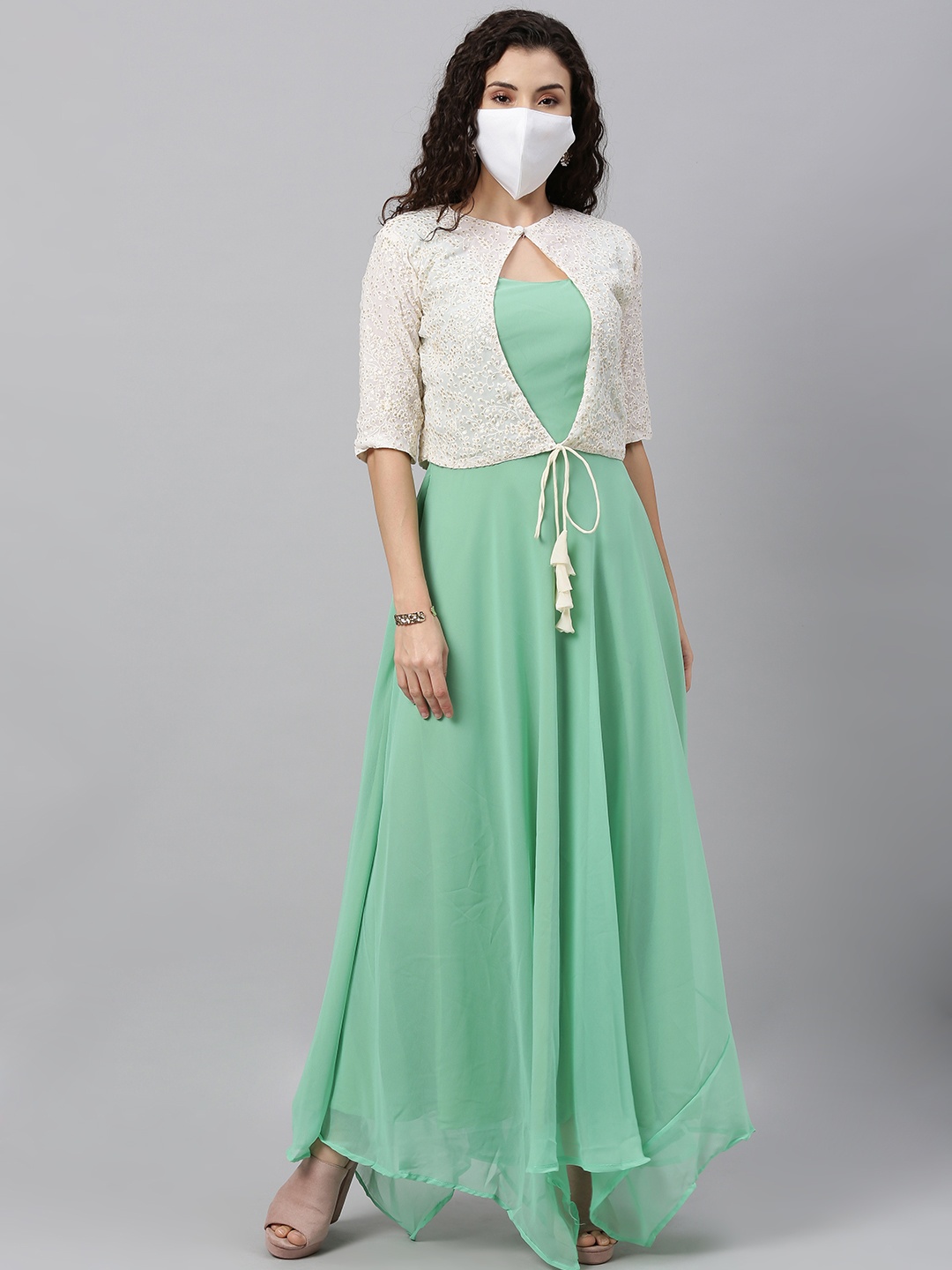 

EthnoVogue Women Sea Green Solid Made to Measure Flared Maxi Dress With Jacket & Mask