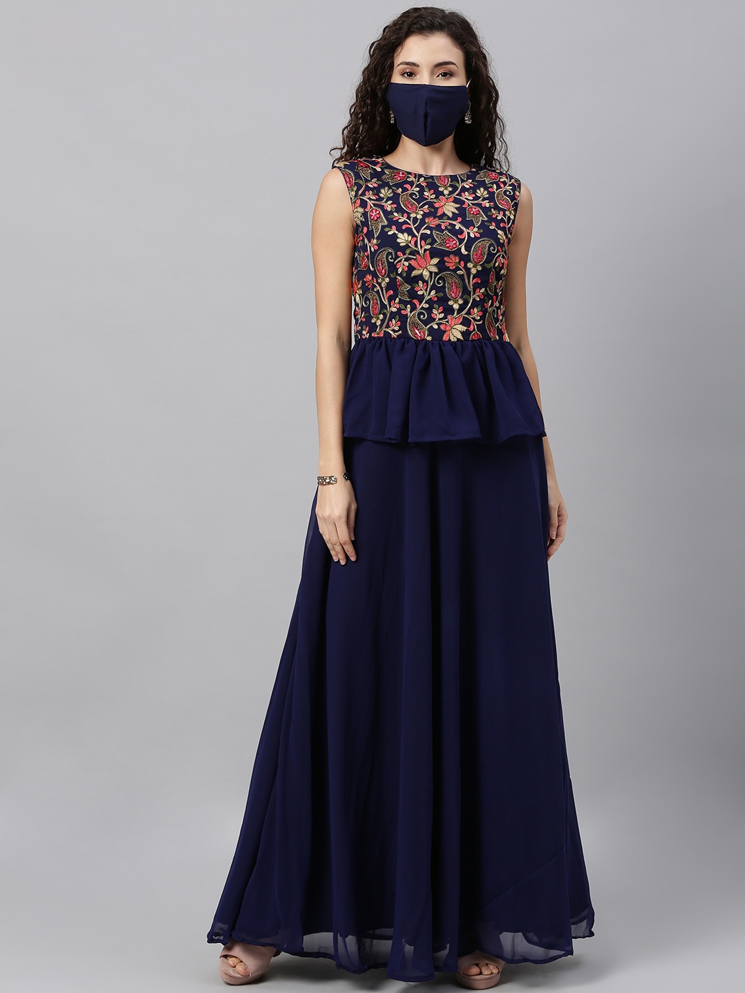 

Ethnovog Women Navy Blue Embroidered Made to Measure Flared Maxi Dress
