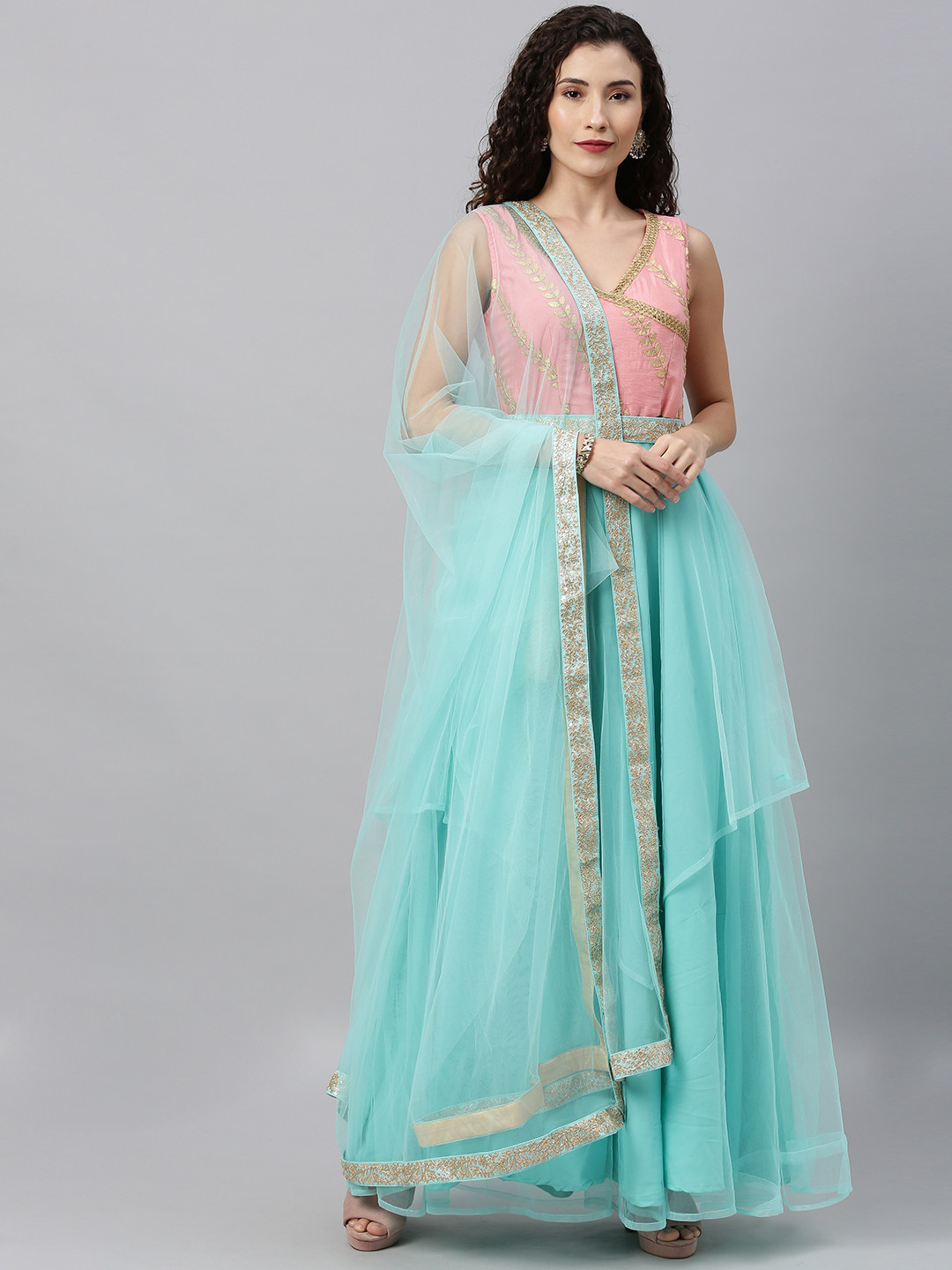 

Ethnovog Women Pink Blue Embroidered Maxi Made To Measure Dress Dupatta