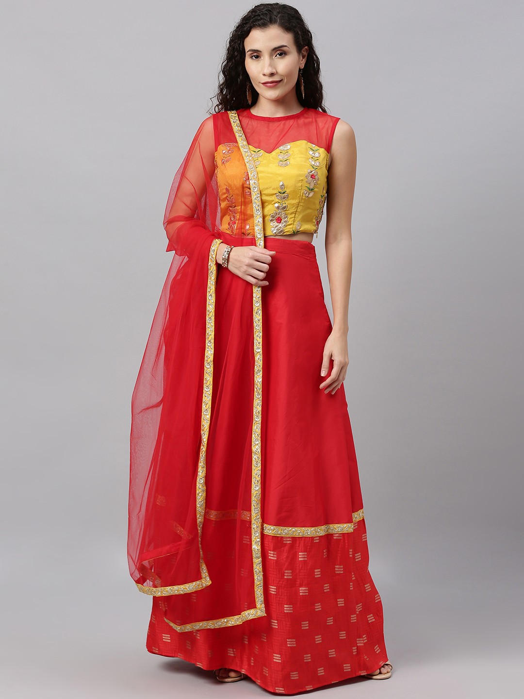 

Ethnovog Yellow Red Embroidered Made to Measure Lehenga Blouse with Dupatta