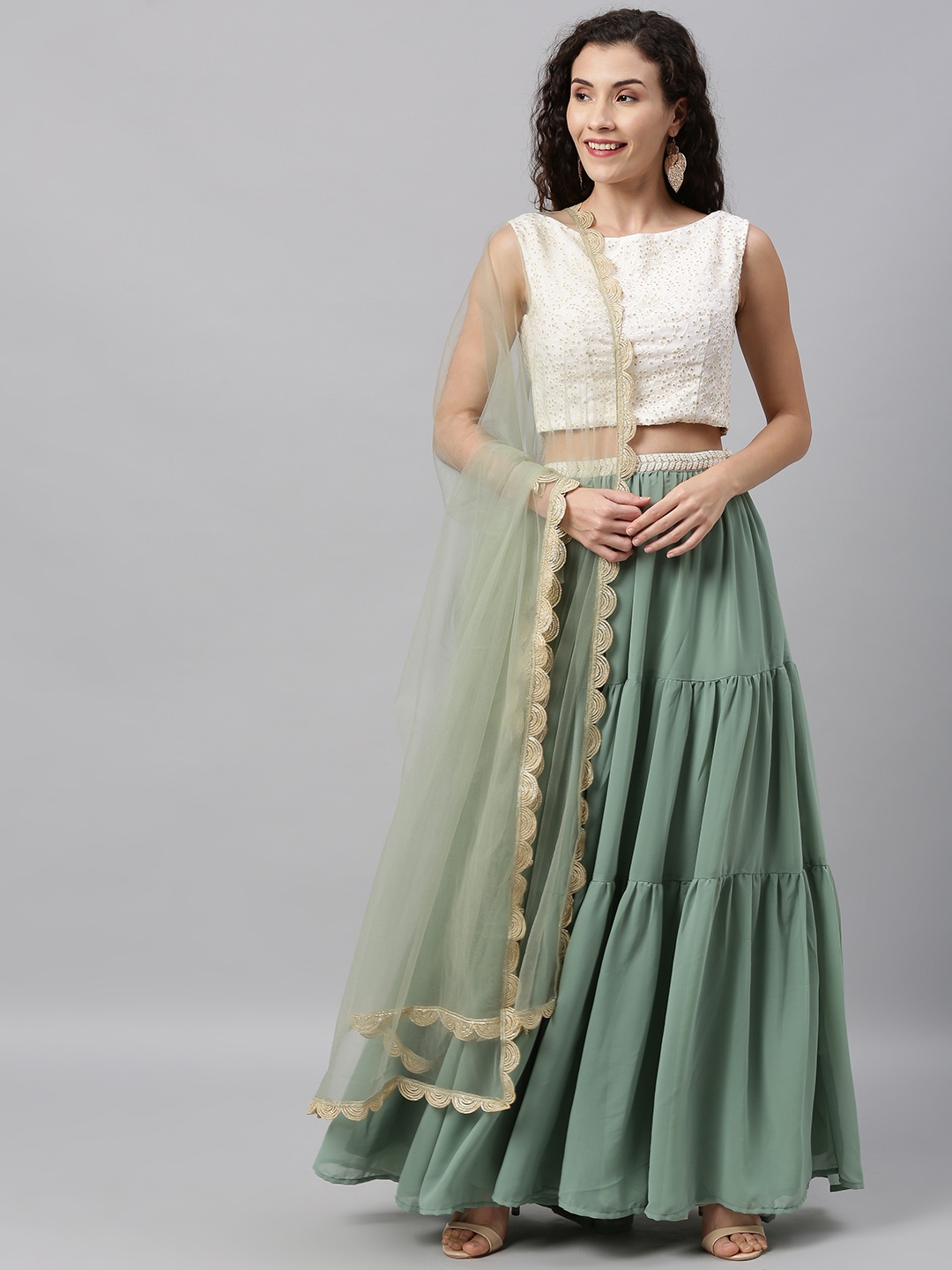 

Ethnovog Off-White Green Embroidered Made to Measure Lehenga Blouse with Dupatta