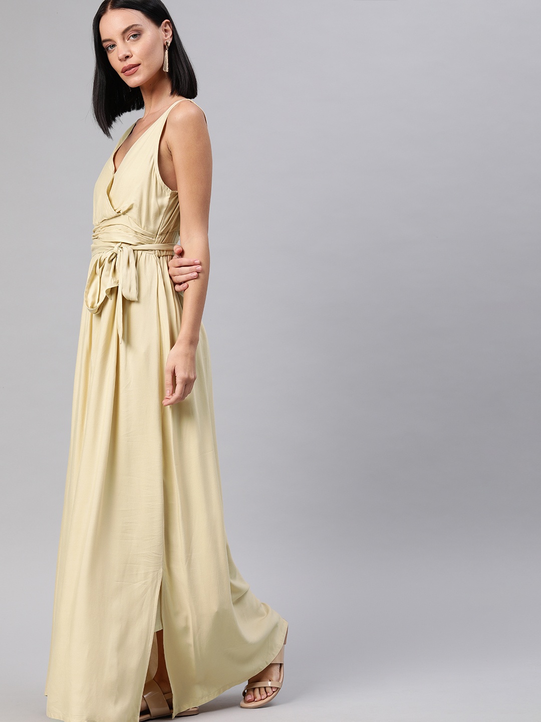 

HERE&NOW Women Beige Solid Maxi Dress with Tie-Ups