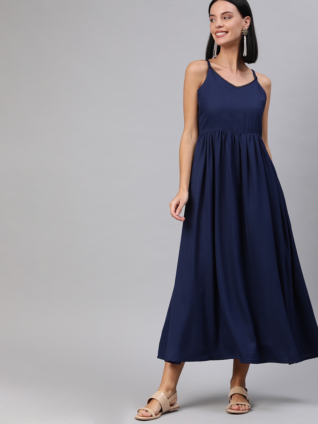 

HERE&NOW Women Navy Blue Solid Gathered Fit and Flare Dress