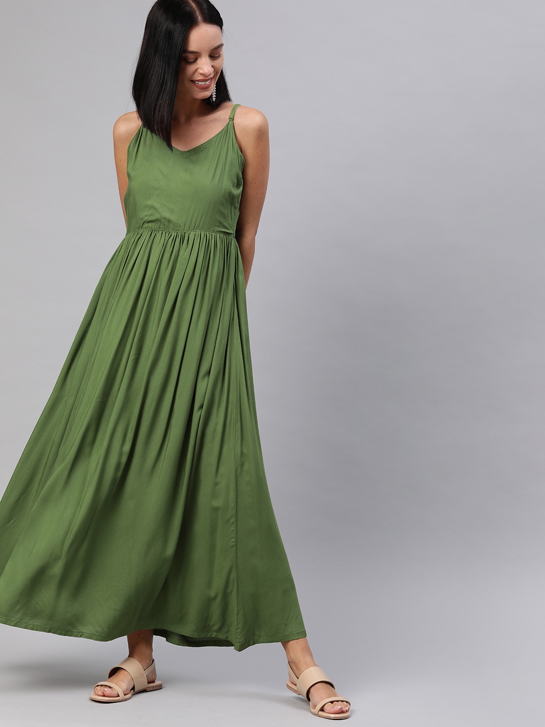 

HERE&NOW Women Olive Green Solid Gathered Fit and Flare Dress