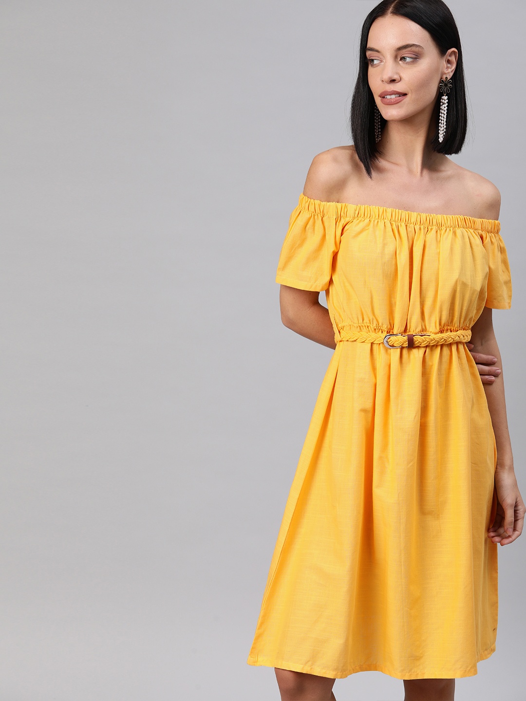 

HERE&NOW Women Yellow Solid Gathered Off-Shoulder A-Line Dress