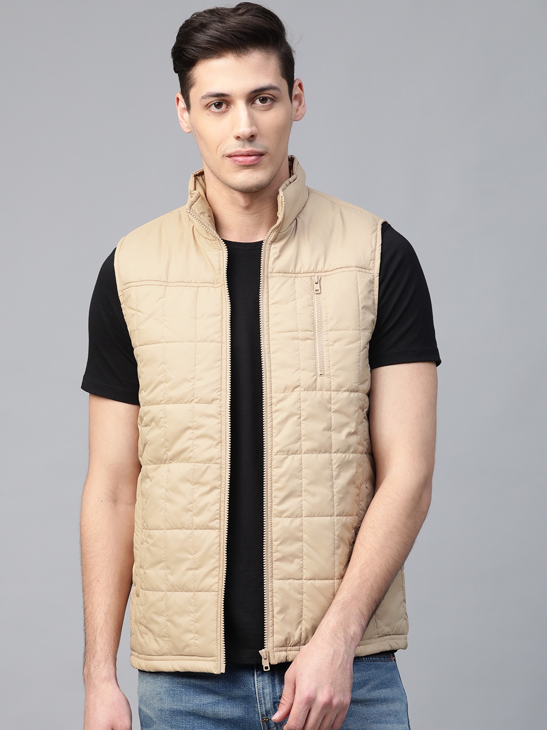 

WROGN Men Beige Solid Quilted Jacket