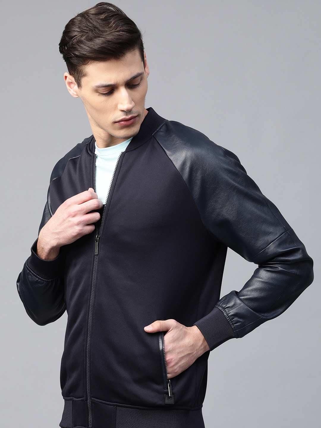 

WROGN Men Navy Blue Solid Bomber Jacket